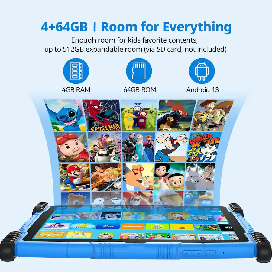 FEONAL Kids Tablet 10.1" - Android 13, 4GB RAM + 64GB, 6000mAh, Dual Camera - Blue