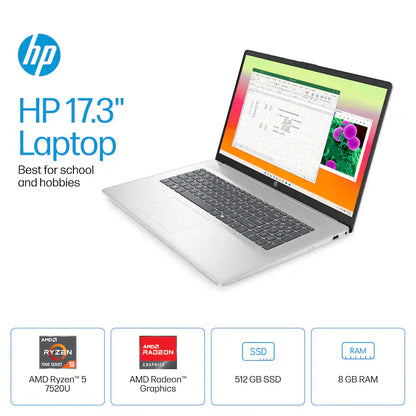 HP - 17.3" Full HD Laptop - AMD Ryzen 5 7520U 2023 - 8GB Memory - 512GB SSD - Natural Silver