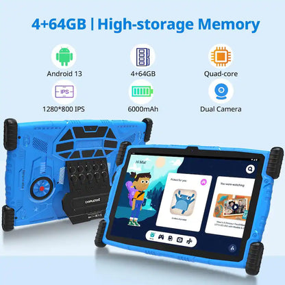 FEONAL Kids Tablet 10.1" - Android 13, 4GB RAM + 64GB, 6000mAh, Dual Camera - Blue