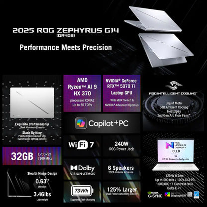 ASUS - ROG Zephyrus G14 14" 3K OLED 120Hz Gaming Laptop - Copilot+ PC - AMD Ryzen AI 9 HX - 32GB RAM - NVIDIA RTX 5070 Ti - 1TB - Platinum White